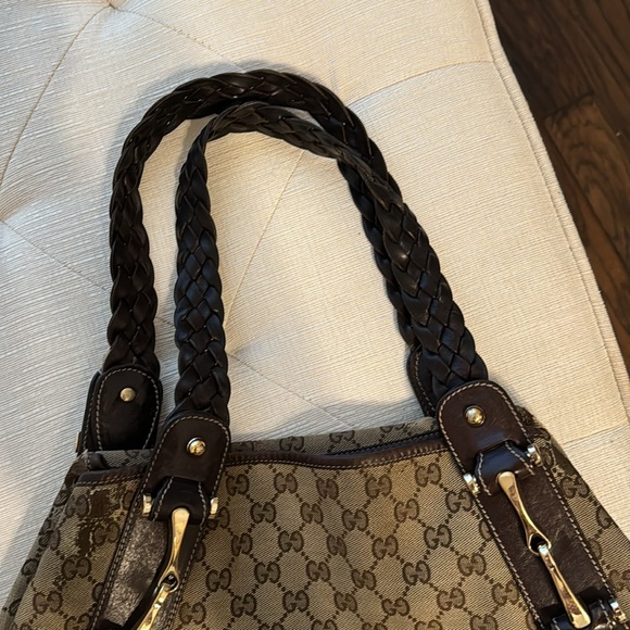 GUCCI Pelham GG monogram canvas horsebit tote shoulder hobo bag tan brown - Picture 3 of 16